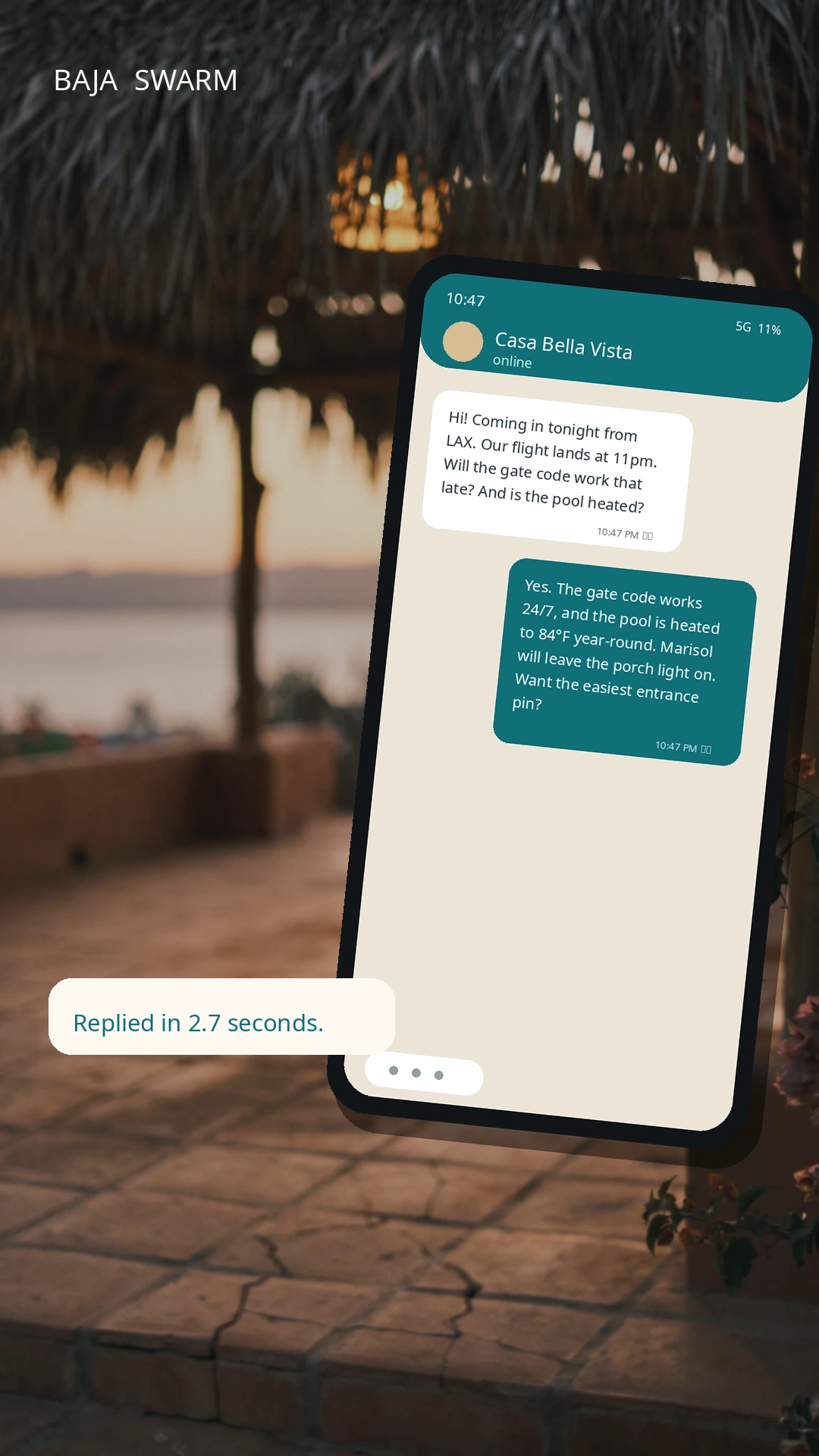 Baja Swarm AI concierge answering guest questions in English and Mexican Spanish